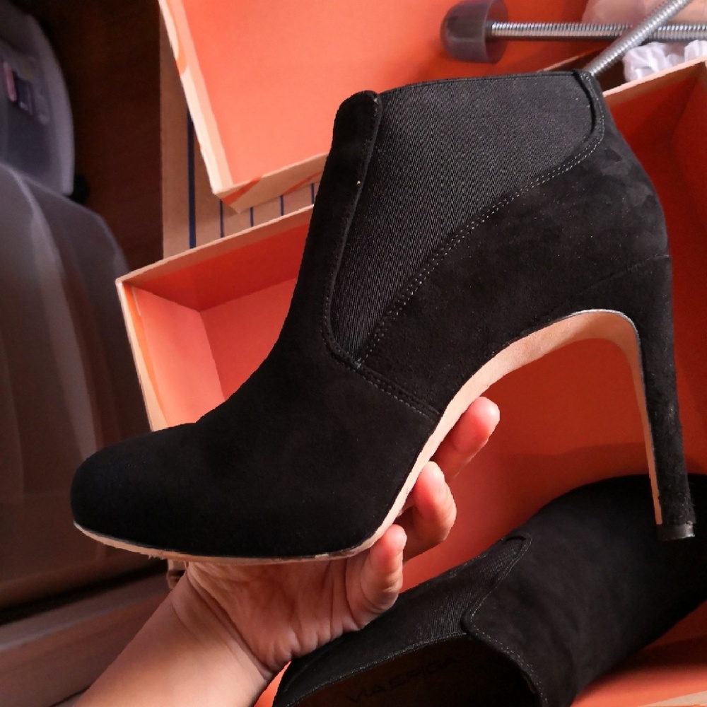 black suede high heel ankle boots with elastic